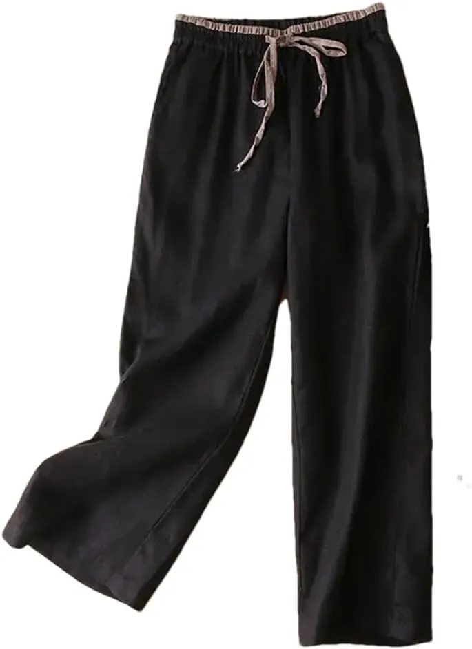 Women's Solid Color Nine-Point Harem Pants Casual Drawstring Cotton and Linen Harem Pants