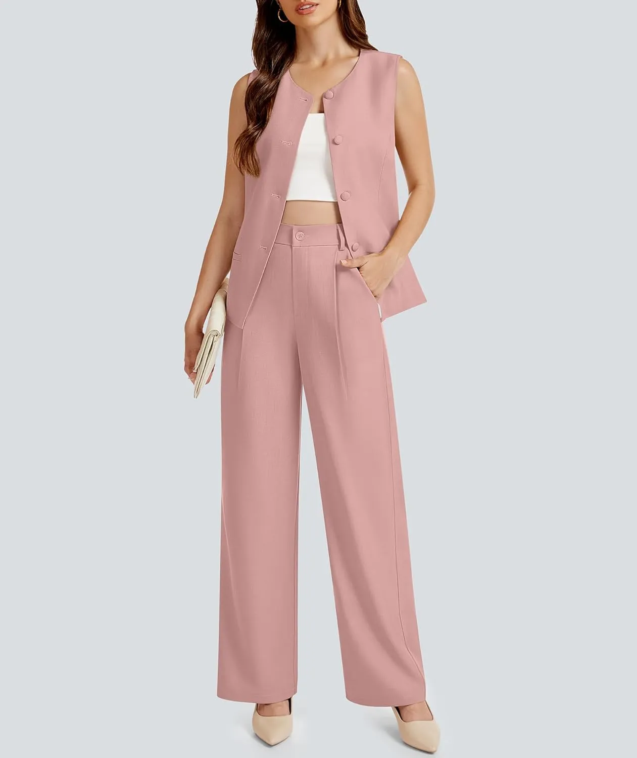 Women's Summer 2 Piece Blazer Outfits Sleeveless Crewneck Vest Wide Leg Pantsuit 2025 Dressy Casual Work Sets