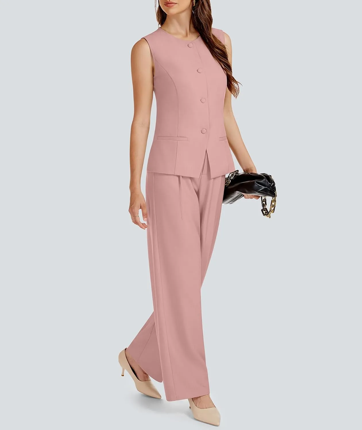 Women's Summer 2 Piece Blazer Outfits Sleeveless Crewneck Vest Wide Leg Pantsuit 2025 Dressy Casual Work Sets