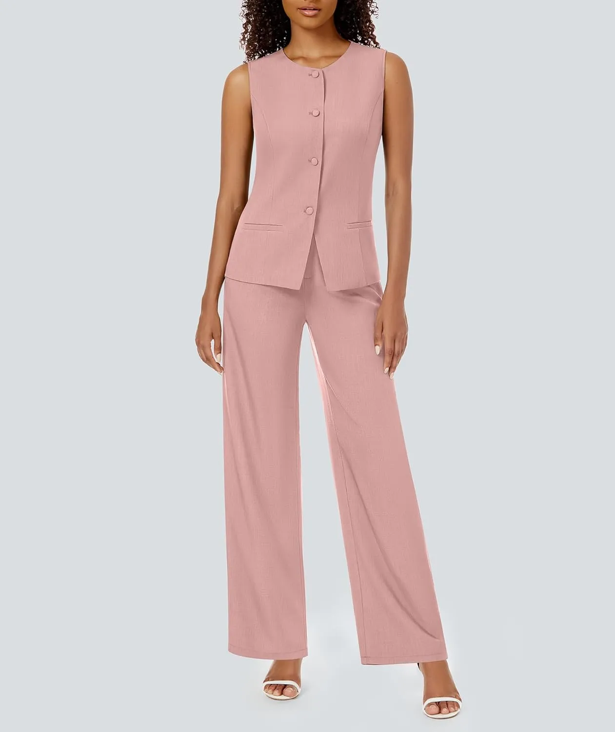 Women's Summer 2 Piece Blazer Outfits Sleeveless Crewneck Vest Wide Leg Pantsuit 2025 Dressy Casual Work Sets
