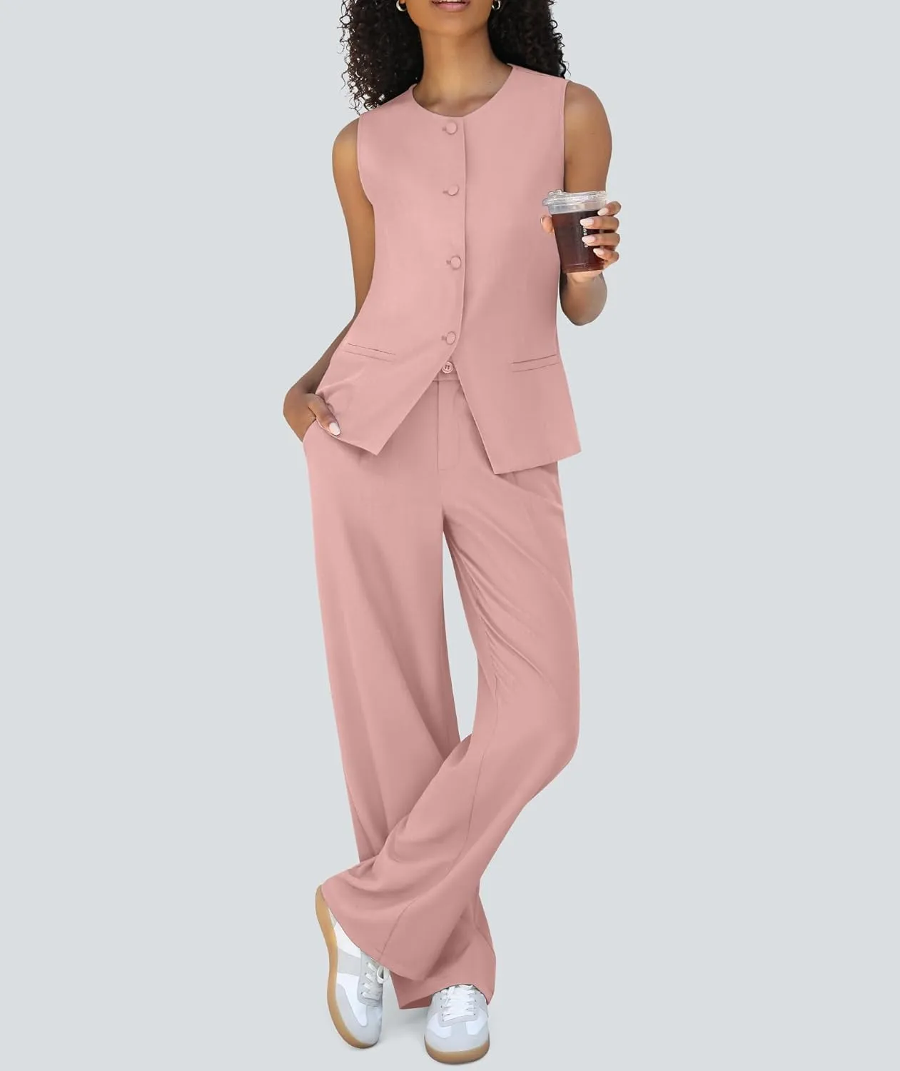 Women's Summer 2 Piece Blazer Outfits Sleeveless Crewneck Vest Wide Leg Pantsuit 2025 Dressy Casual Work Sets