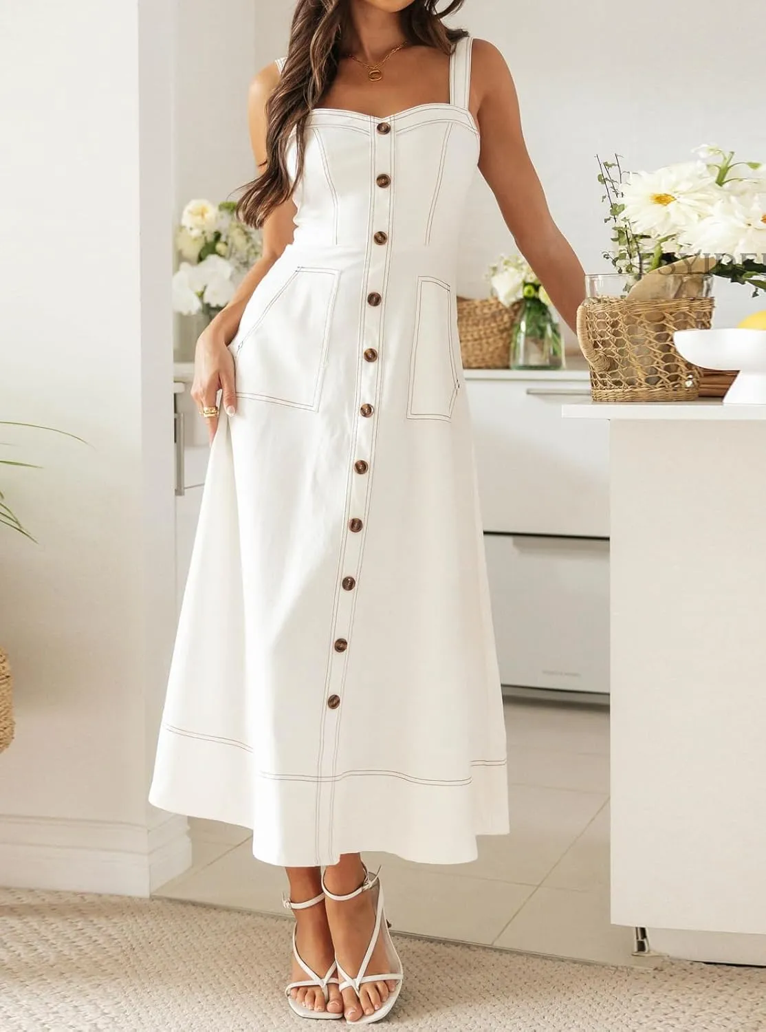 Women's Summer Adjustable Strap Midi Long Denim Dress Button Down A-Line Swing Flowy Jean Dress
