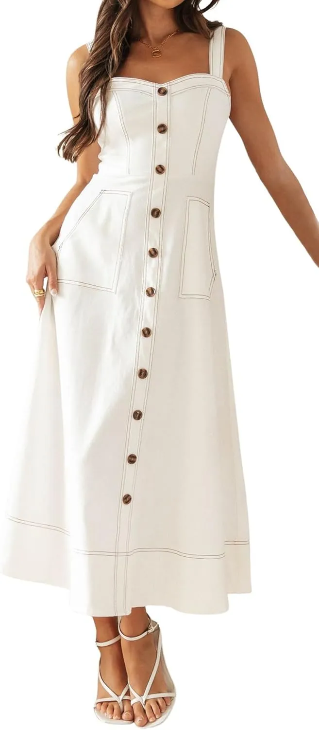 Women's Summer Adjustable Strap Midi Long Denim Dress Button Down A-Line Swing Flowy Jean Dress