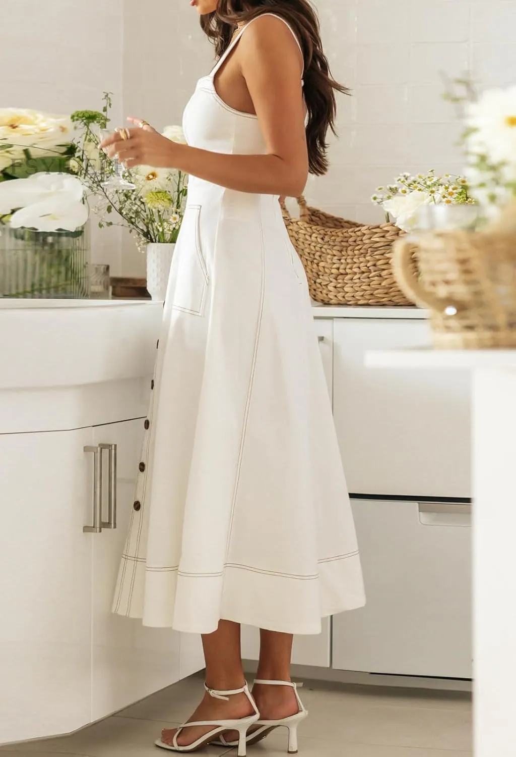 Women's Summer Adjustable Strap Midi Long Denim Dress Button Down A-Line Swing Flowy Jean Dress