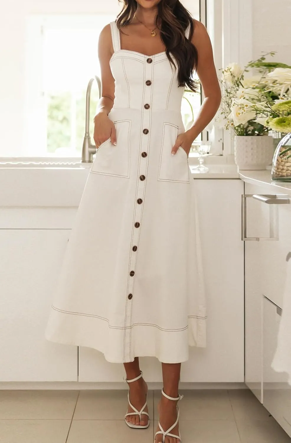 Women's Summer Adjustable Strap Midi Long Denim Dress Button Down A-Line Swing Flowy Jean Dress