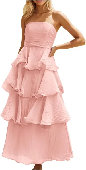 Women's Summer Dress Strapless Maxi Dress 2025 Casual Tube Tops Sleeveless Off Shoulder Tiered Beach Boho Sundress