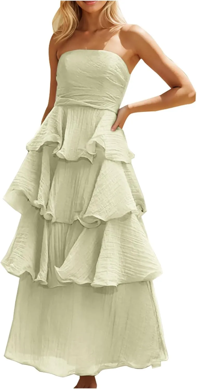 Women's Summer Dress Strapless Maxi Dress 2025 Casual Tube Tops Sleeveless Off Shoulder Tiered Beach Boho Sundress