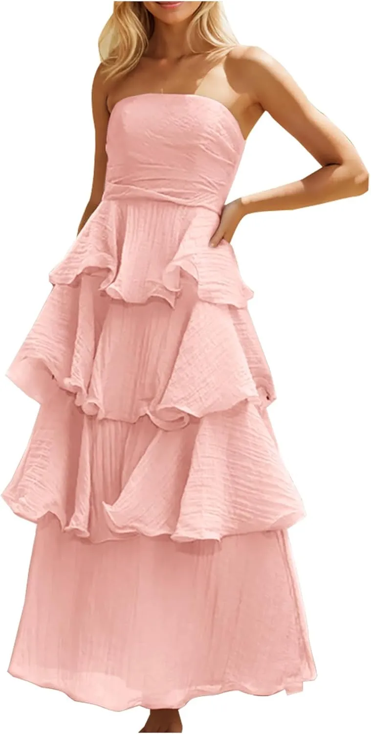 Women's Summer Dress Strapless Maxi Dress 2025 Casual Tube Tops Sleeveless Off Shoulder Tiered Beach Boho Sundress