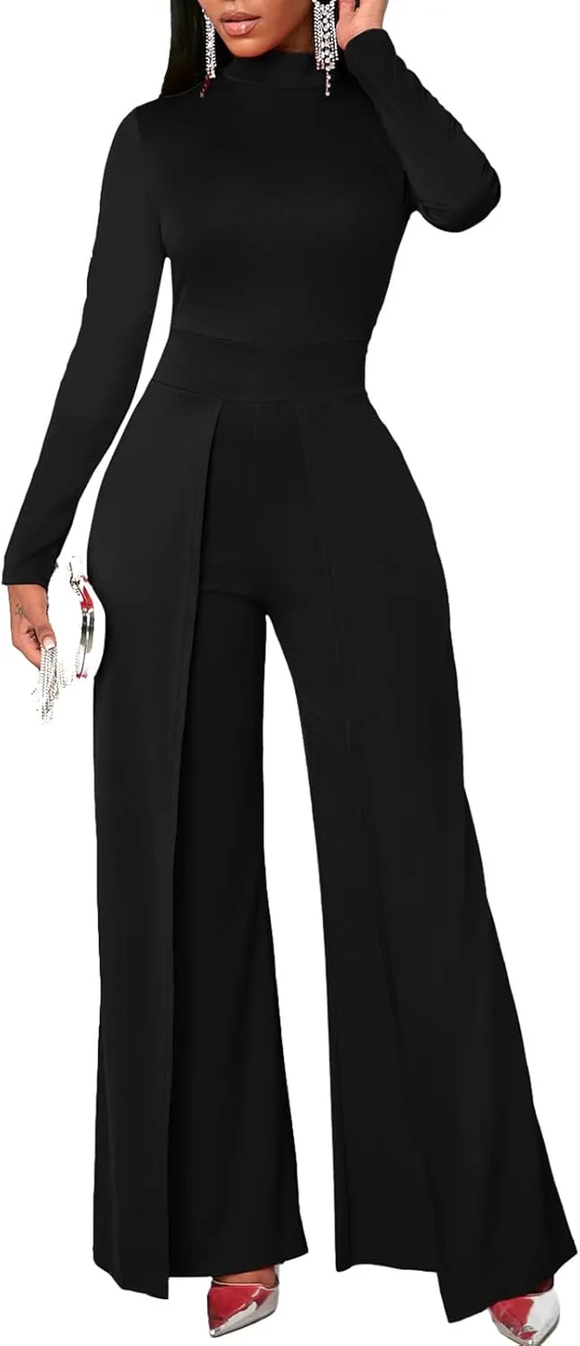 Women's Wide Leg Jumpsuits Outfits Casual One Piece Long Sleeve Overlay Pants Rompers