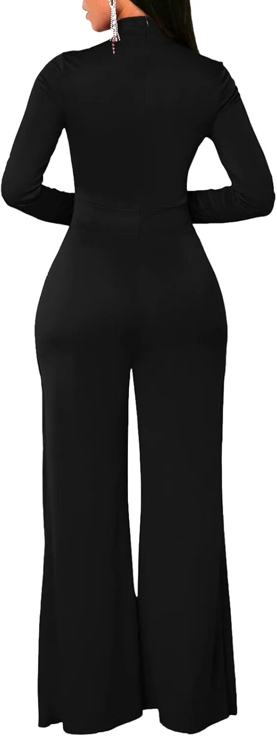 Women's Wide Leg Jumpsuits Outfits Casual One Piece Long Sleeve Overlay Pants Rompers
