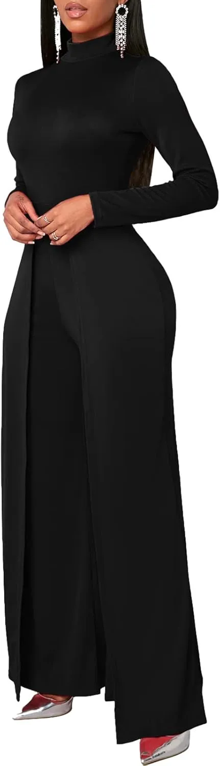 Women's Wide Leg Jumpsuits Outfits Casual One Piece Long Sleeve Overlay Pants Rompers