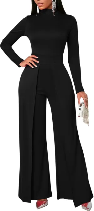 Women's Wide Leg Jumpsuits Outfits Casual One Piece Long Sleeve Overlay Pants Rompers