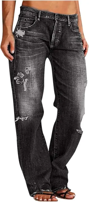 Women's Wide Leg Ripped Trendy Jeans Casual Vintage Distressed Denim Pants Boyfriend Trousers