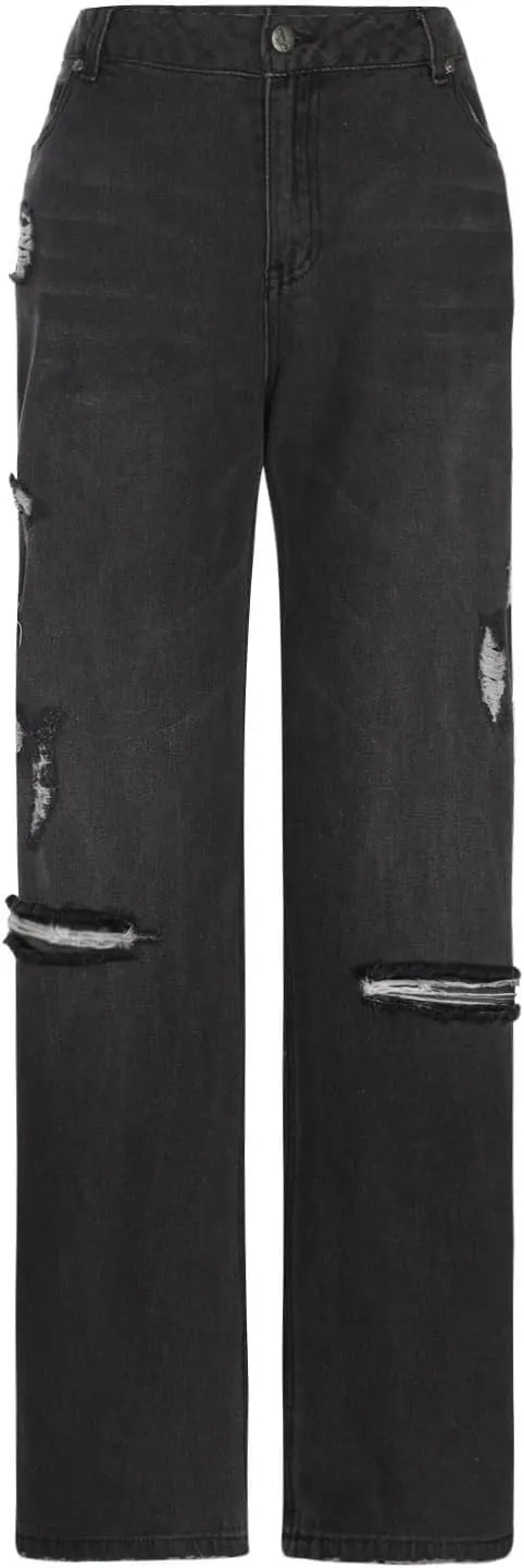 Women's Wide Leg Ripped Trendy Jeans Casual Vintage Distressed Denim Pants Boyfriend Trousers