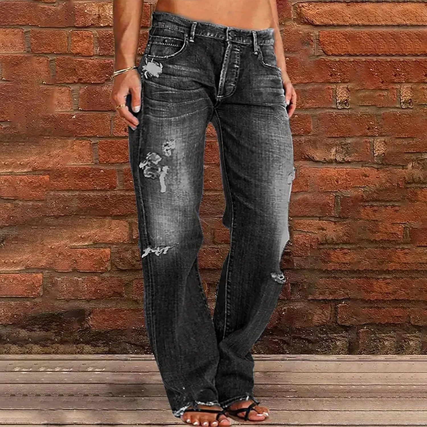 Women's Wide Leg Ripped Trendy Jeans Casual Vintage Distressed Denim Pants Boyfriend Trousers