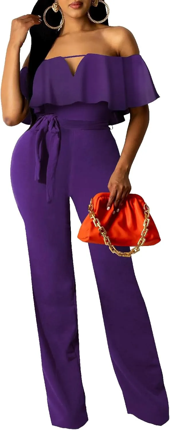 YouSexy Women's Off Shoulder Jumpsuit High Waist Wide Leg Long Pants With Belt