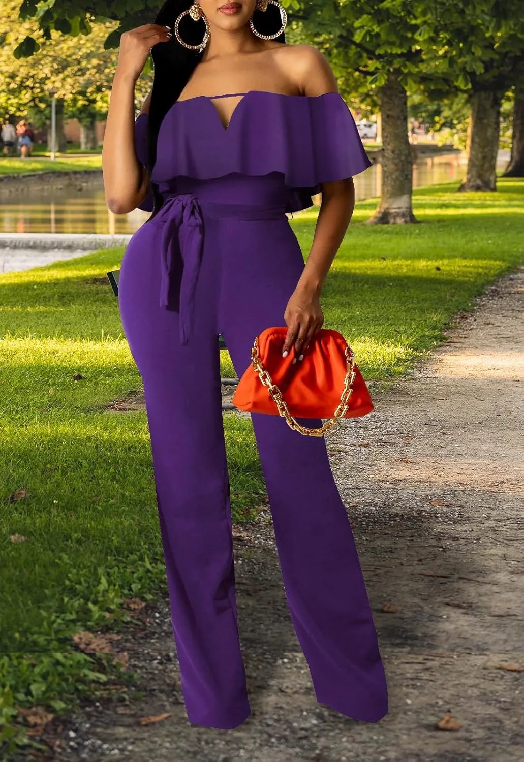 YouSexy Women's Off Shoulder Jumpsuit High Waist Wide Leg Long Pants With Belt