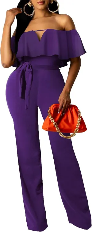 YouSexy Women's Off Shoulder Jumpsuit High Waist Wide Leg Long Pants With Belt