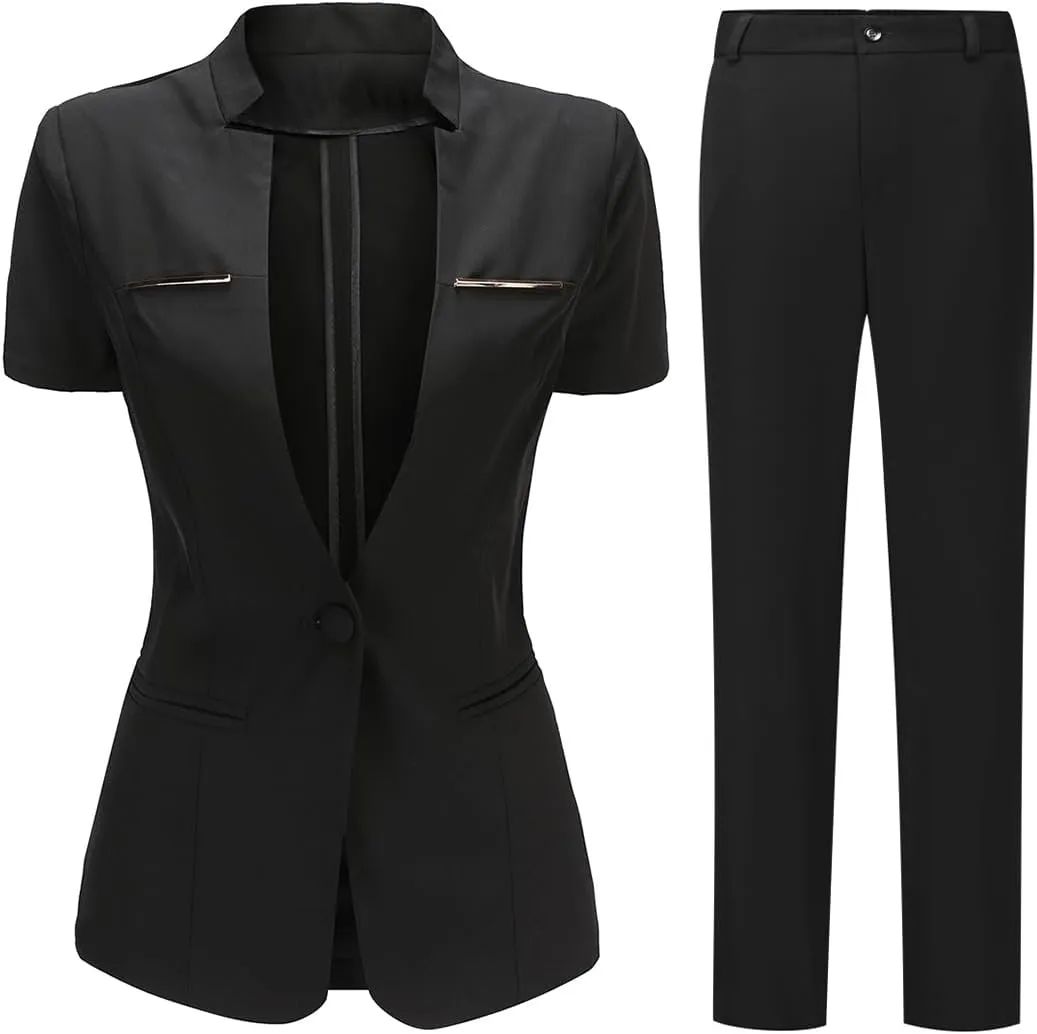 YUNCLOS Women's 2 Piece Business Office Suit Set One Button Short Sleeve Blazer Jacket and Suit Pants