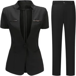 YUNCLOS Women's 2 Piece Business Office Suit Set One Button Short Sleeve Blazer Jacket and Suit Pants