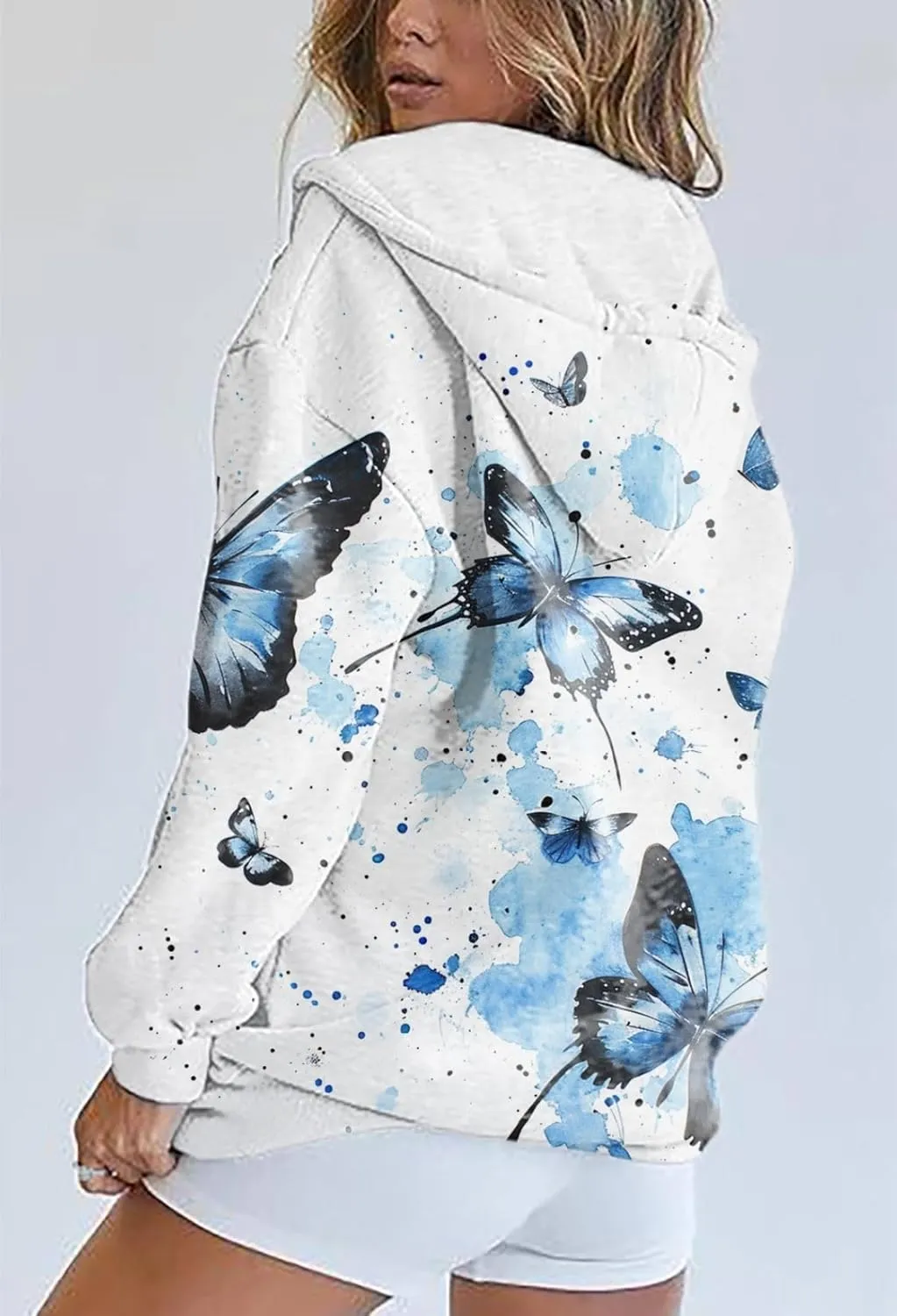 Zip Up Hoodie Women Butterfly Printed Oversized Hooded Sweatshirt Y2K Outwear Jacket Coat for Girls Fall Winter