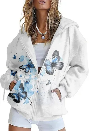 Zip Up Hoodie Women Butterfly Printed Oversized Hooded Sweatshirt Y2K Outwear Jacket Coat for Girls Fall Winter