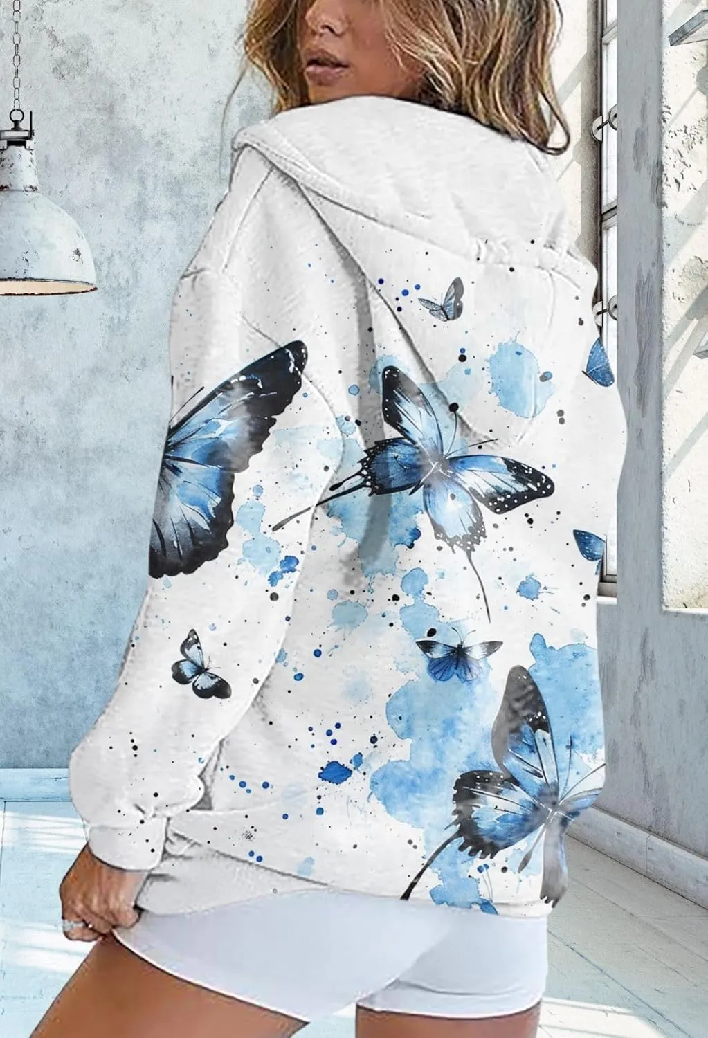 Zip Up Hoodie Women Butterfly Printed Oversized Hooded Sweatshirt Y2K Outwear Jacket Coat for Girls Fall Winter