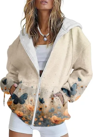 Zip Up Hoodie Women Butterfly Printed Oversized Hooded Sweatshirt Y2K Outwear Jacket Coat for Girls Fall Winter