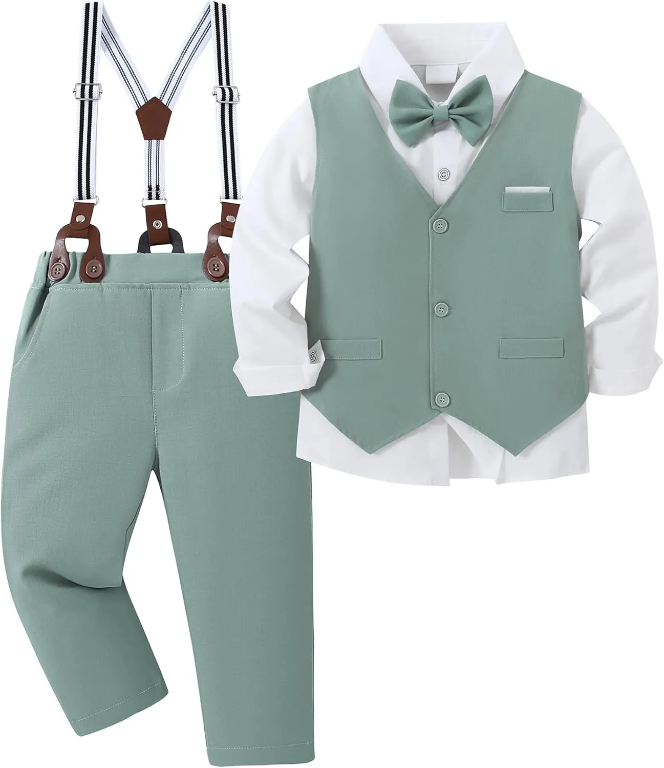 ZOEREA Boys Formal Suit Kid Clothes Gentleman Wedding Prom Outfit Long Sleeves Shirt Bowtie Vest Suspender Pants 6-10T