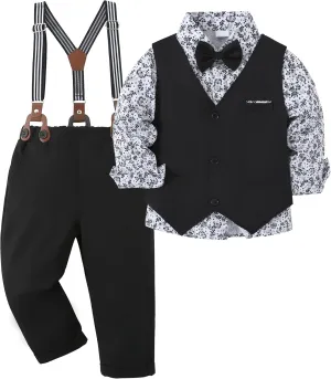 ZOEREA Boys Formal Suit Kid Clothes Gentleman Wedding Prom Outfit Long Sleeves Shirt Bowtie Vest Suspender Pants 6-10T