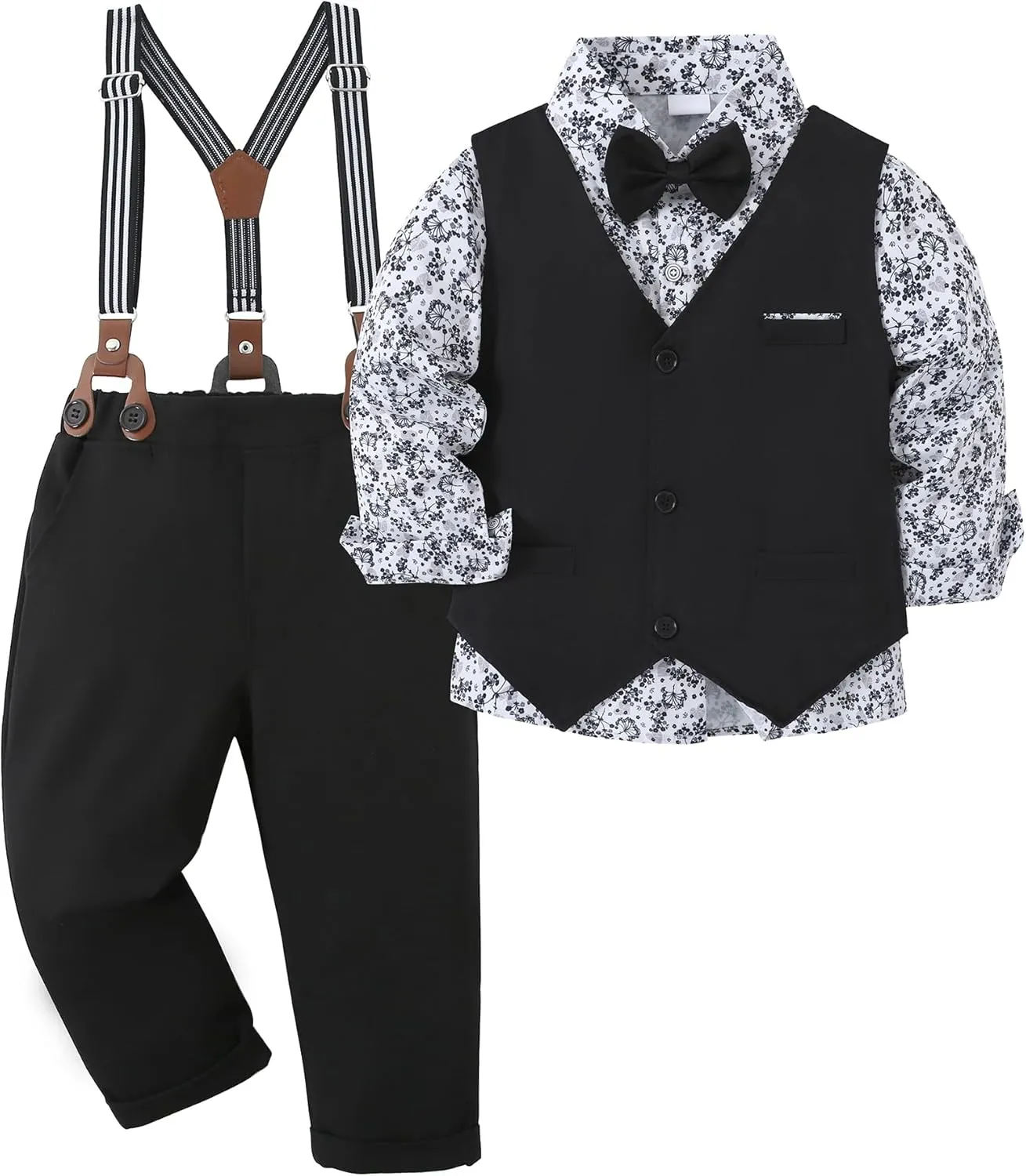 ZOEREA Boys Formal Suit Kid Clothes Gentleman Wedding Prom Outfit Long Sleeves Shirt Bowtie Vest Suspender Pants 6-10T